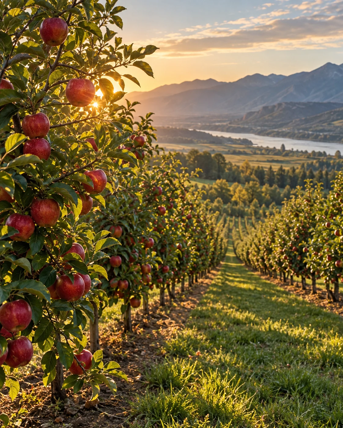Illustration of a Pacific Northwest apple orchard at sunrise