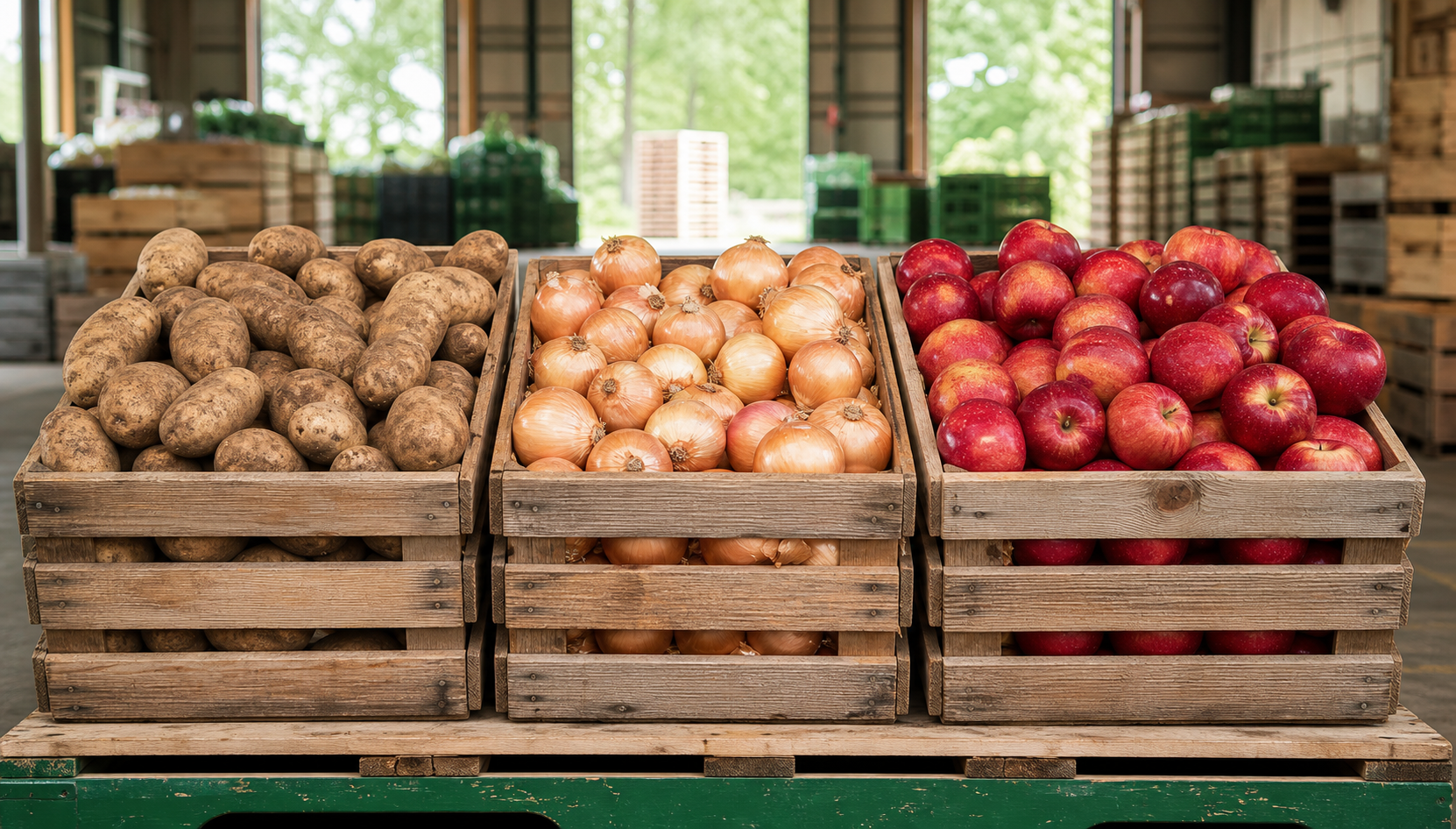 Crates of fresh potatoes, onions, and apples ready for shipment